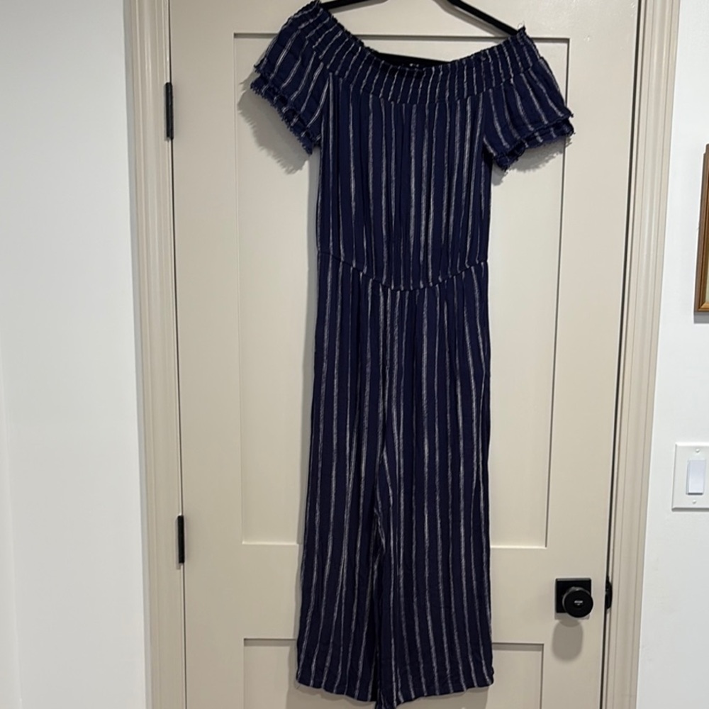 Xhilaration Jumpsuit Jumper Striped Blue White Sz S Pants Off Shoulder Pockets